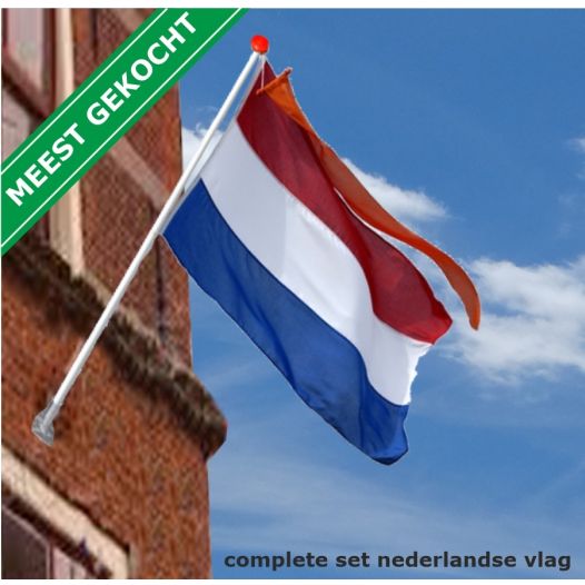 Complete set Nederlandse vlag Oranje wimpel Houten gevelstok en houder