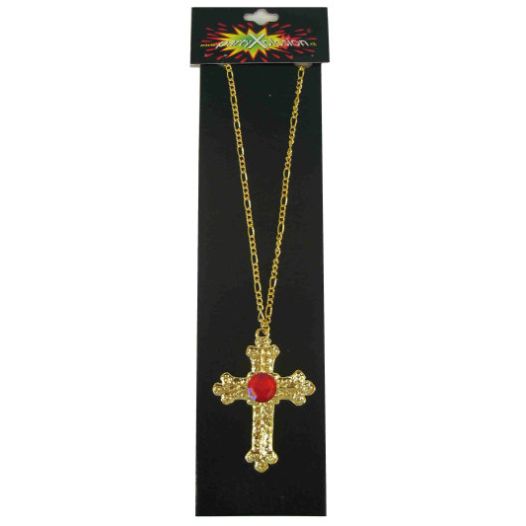 Gouden kruis van Sinterklaas hanger met rode edelsteen