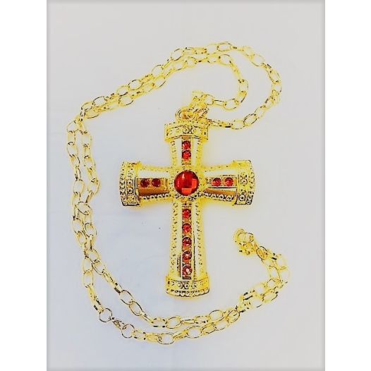 Gouden kruis van Sinterklaas met rode edelsteen aan een gouden ketting