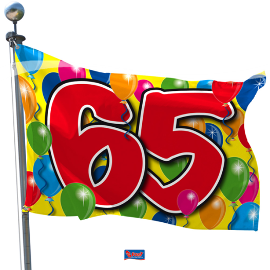 Vlag 65 voor iedereen die jarig is en 65 jaar is geworden gefeliciteerd 60x90cm