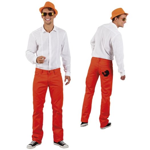Oranje spijkerbroek laat zien dat je voor oranje bent tijdens WK EK en Koningsdag