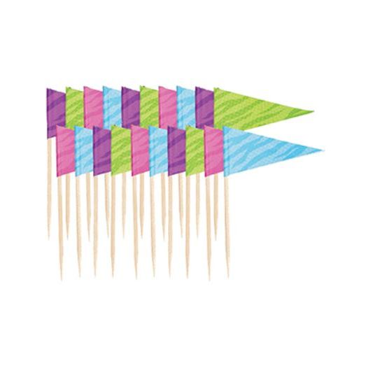 Cocktailprikker wimpelvorm in kleuren paars/groen/roze/blauw, 20 stuks