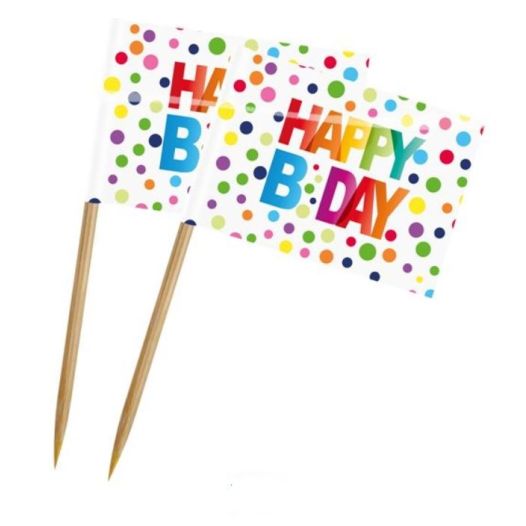 Cocktailprikkers happy b-day met vrolijk gekleurde stippen