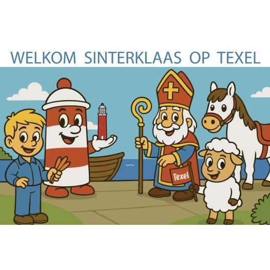 Welkom Sinterklaas op Texel vlag 100x150cm met het Texels Trio