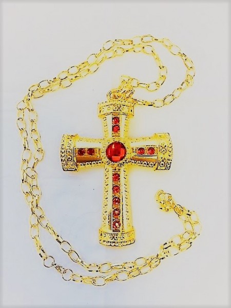 Gouden kruis van Sinterklaas met rode edelsteen aan een gouden ketting