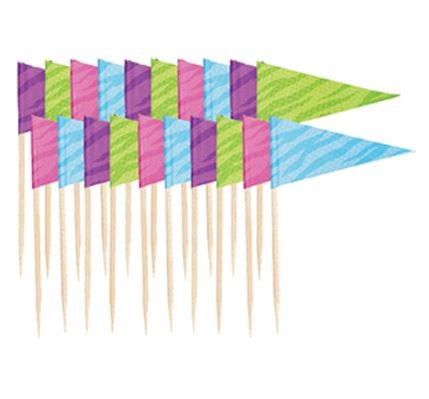 Cocktailprikker wimpelvorm in kleuren paars/groen/roze/blauw, 20 stuks