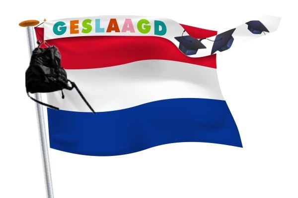 geslaagd wimpel 18x165 Vrolijke kleuren met mutsen