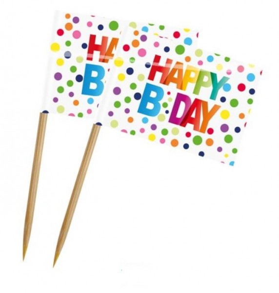 Happy b-day cocktailprikkers met vrolijk gekleurde stippen