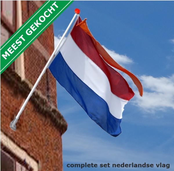 Complete set Nederlandse vlag Oranje wimpel Houten gevelstok en houder